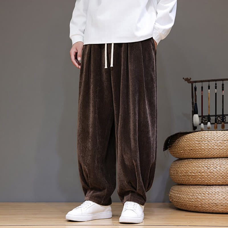 Winter Pure Color Cotton Men's Harem Thickened Fleece-lined Pants With Pockets