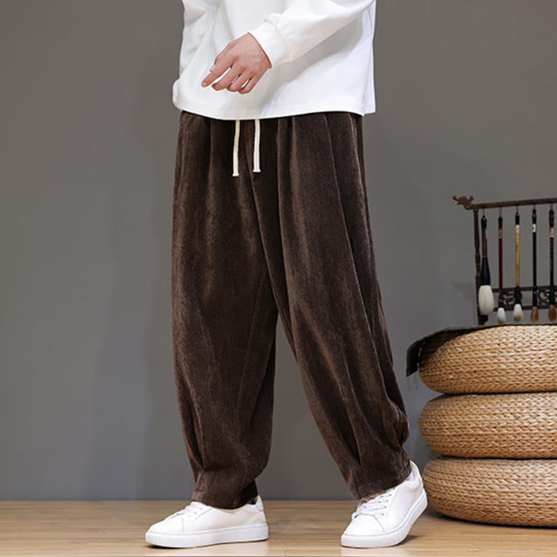 Winter Pure Color Cotton Men's Harem Thickened Fleece-lined Pants With Pockets
