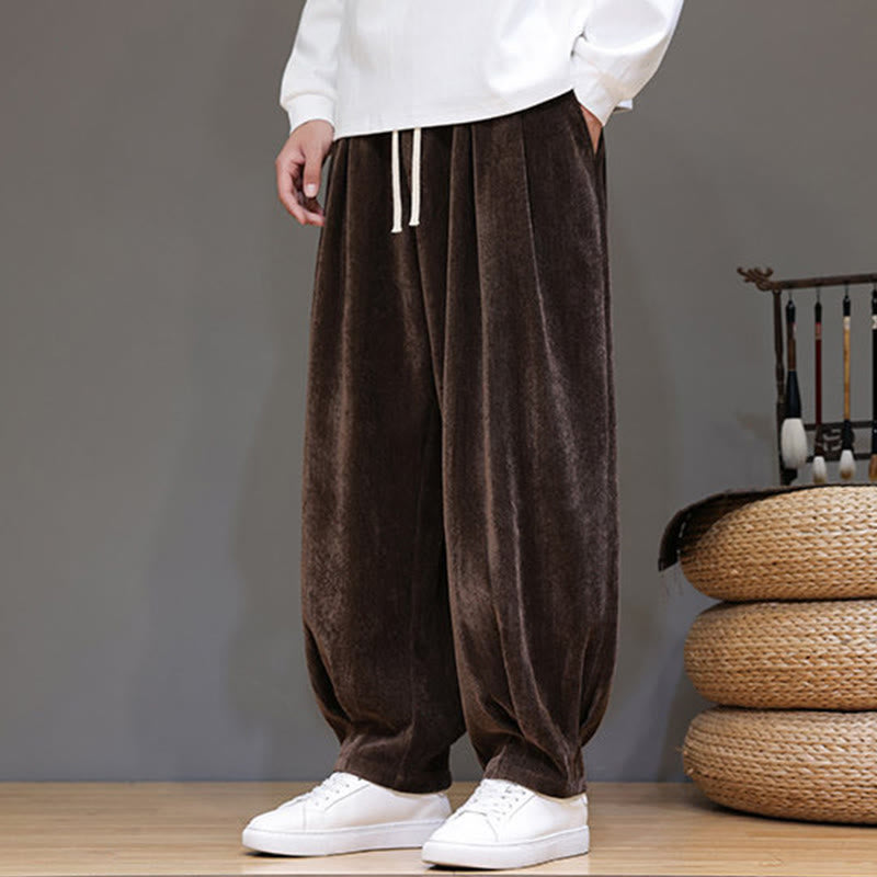 Winter Pure Color Cotton Men's Harem Thickened Fleece-lined Pants With Pockets