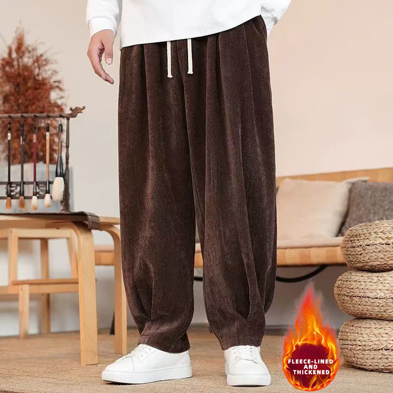 Winter Pure Color Cotton Men's Harem Thickened Fleece-lined Pants With Pockets