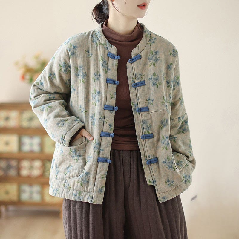 Women's Long Sleeve Thermal Cotton Printed Florwer Pattern Jacket With Pockets