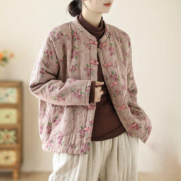 Women's Long Sleeve Thermal Cotton Printed Florwer Pattern Jacket With Pockets