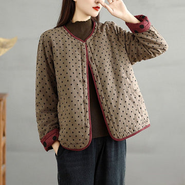 Women's Reversible Design Dot Pattern Long Sleeve Thermal Cotton Jacket With Pockets