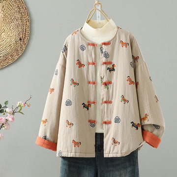 Thickened Cotton-Blend Floral Frog-Button Meditation Jacket
