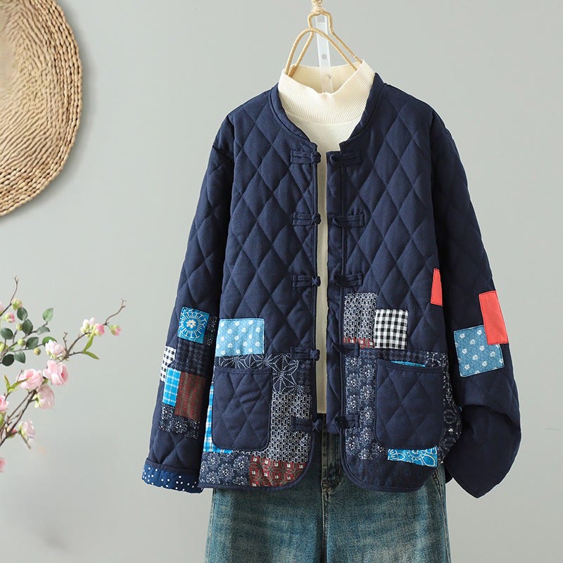 Ethnic Frog-button Patchwork Women's Thickened Cotton Long Sleeve Jacket With Pockets