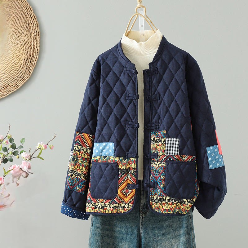 Ethnic Frog-button Patchwork Women's Thickened Cotton Long Sleeve Jacket With Pockets