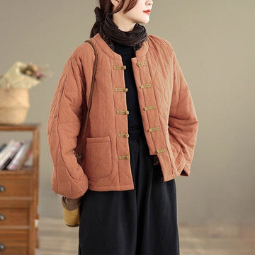 Women's Plain Cotton-padded Tai Chi Zen Long Sleeve Jacket With Pockets