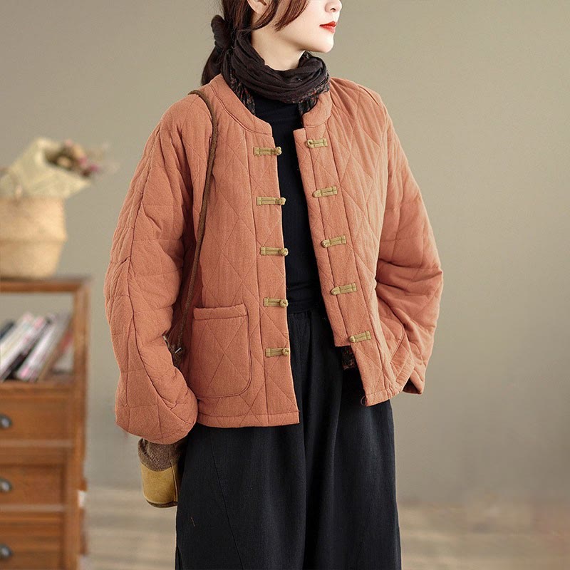 Women's Plain Cotton-padded Tai Chi Zen Long Sleeve Jacket With Pockets