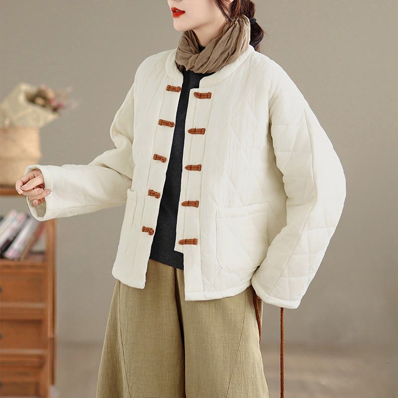 Women's Plain Cotton-padded Tai Chi Zen Long Sleeve Jacket With Pockets