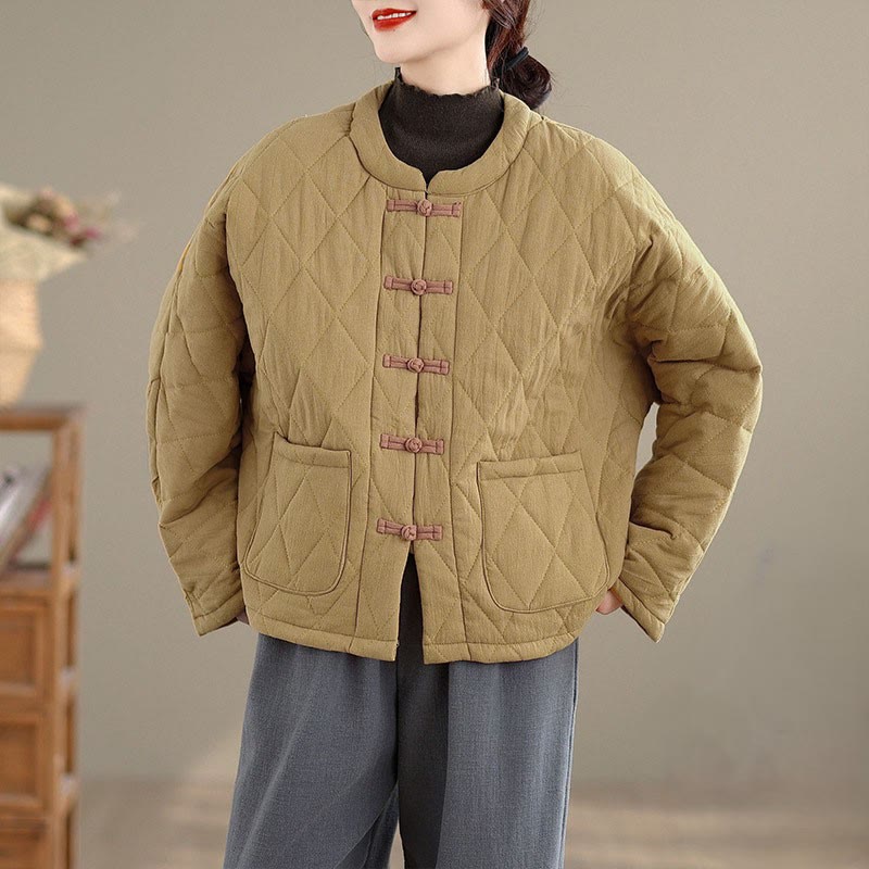 Women's Plain Cotton-padded Tai Chi Zen Long Sleeve Jacket With Pockets