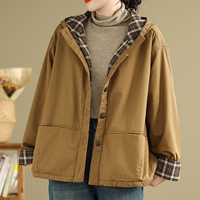 Thickened Cotton-Blend Plaid Hooded Grounding Jacket