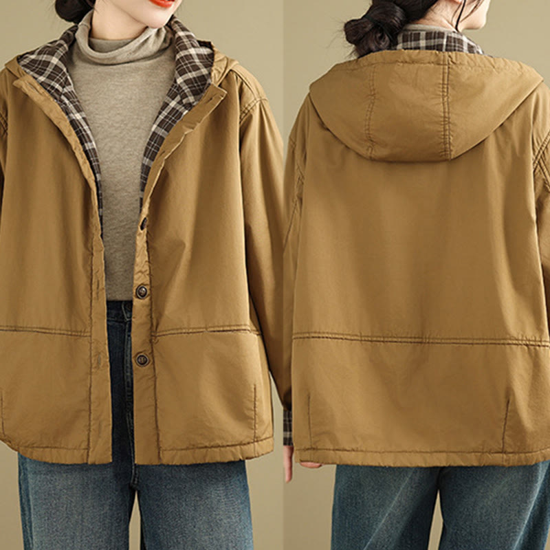 Thickened Cotton-Blend Plaid Hooded Grounding Jacket