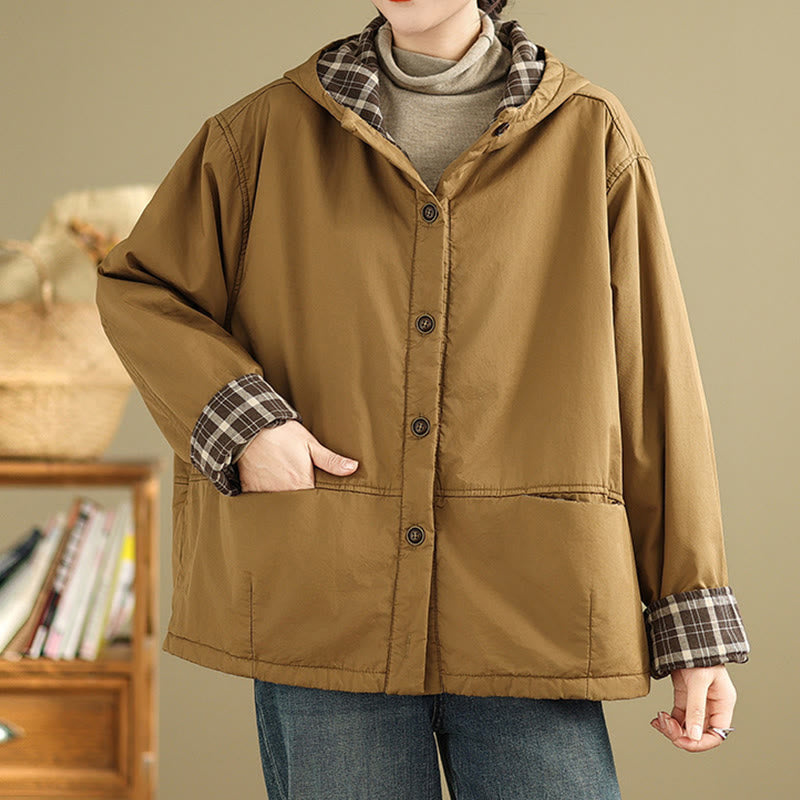 Thickened Cotton-Blend Plaid Hooded Grounding Jacket