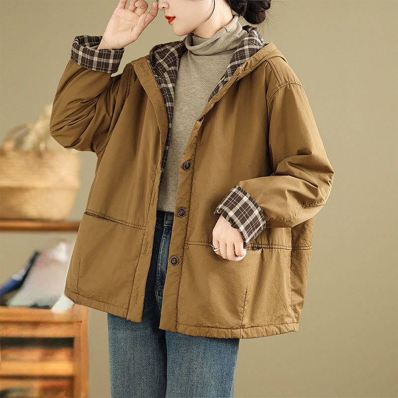 Thickened Cotton-Blend Plaid Hooded Grounding Jacket