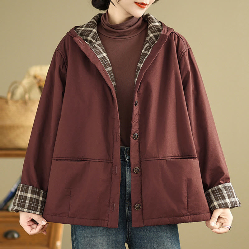 Thickened Cotton-Blend Plaid Hooded Grounding Jacket
