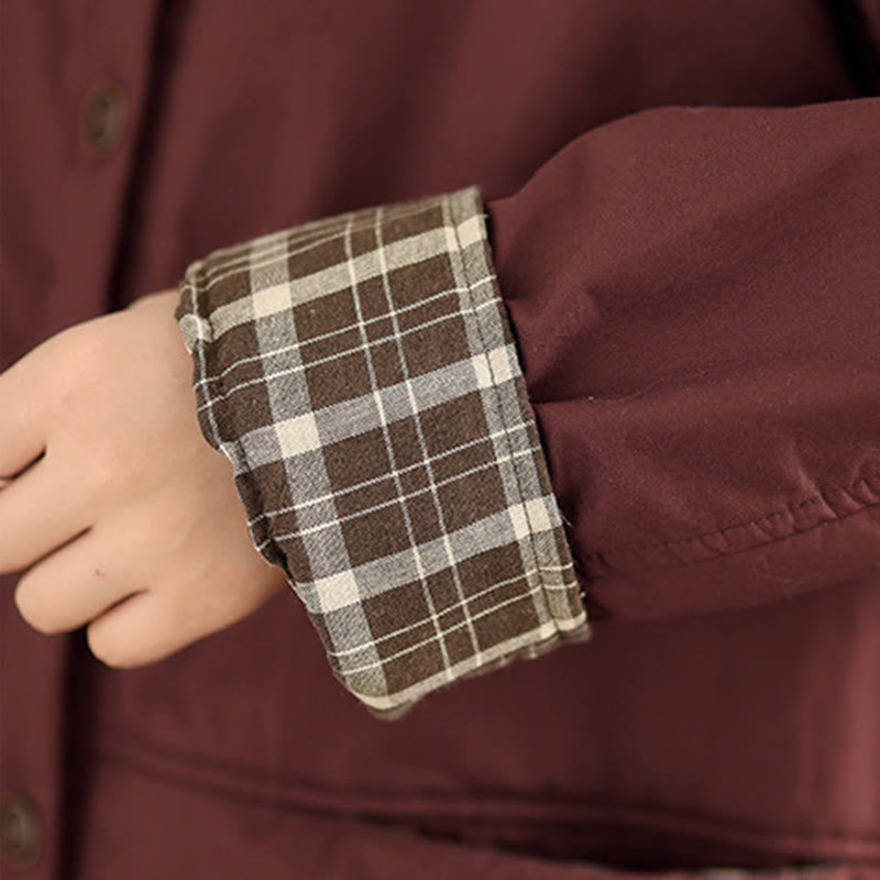 Thickened Cotton-Blend Plaid Hooded Grounding Jacket