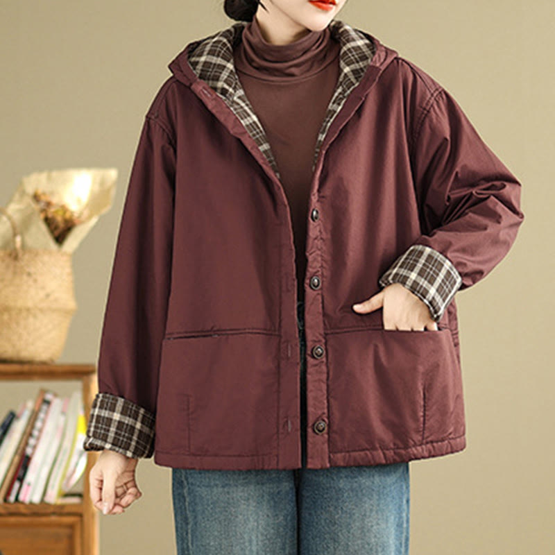 Thickened Cotton-Blend Plaid Hooded Grounding Jacket