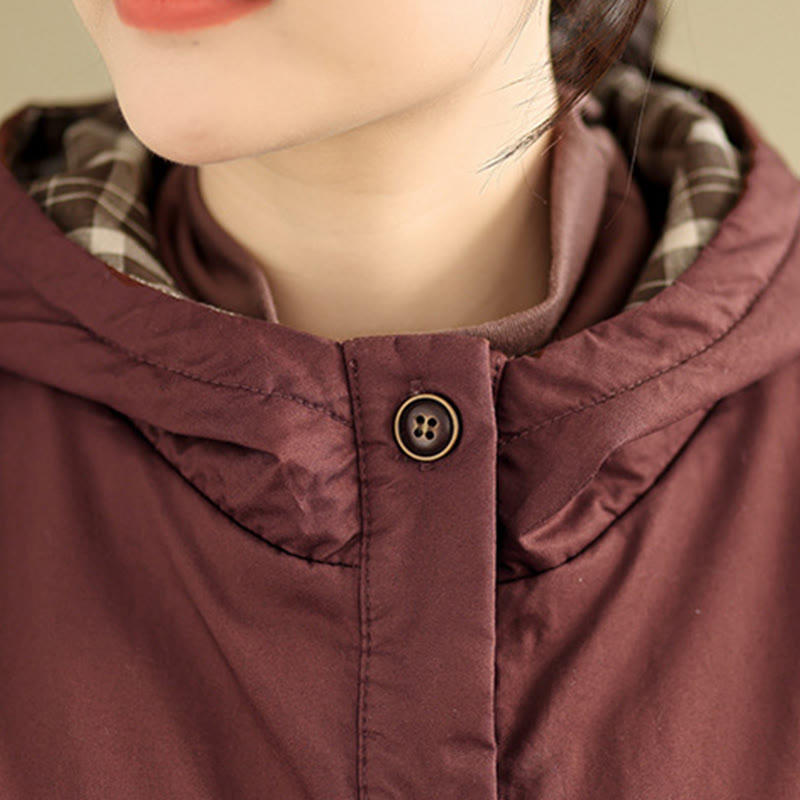 Thickened Cotton-Blend Plaid Hooded Grounding Jacket