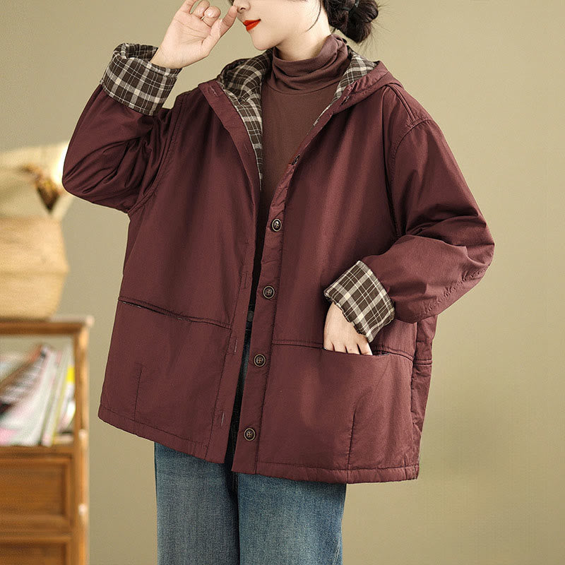Thickened Cotton-Blend Plaid Hooded Grounding Jacket