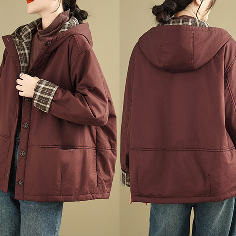 Thickened Cotton-Blend Plaid Hooded Grounding Jacket