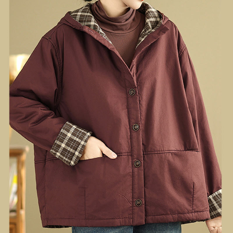 Thickened Cotton-Blend Plaid Hooded Grounding Jacket