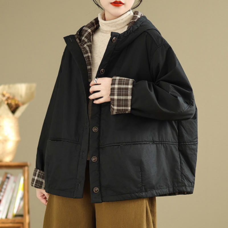 Thickened Cotton-Blend Plaid Hooded Grounding Jacket