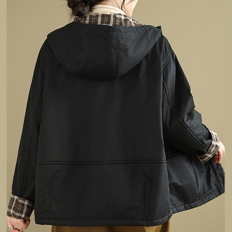 Thickened Cotton-Blend Plaid Hooded Grounding Jacket