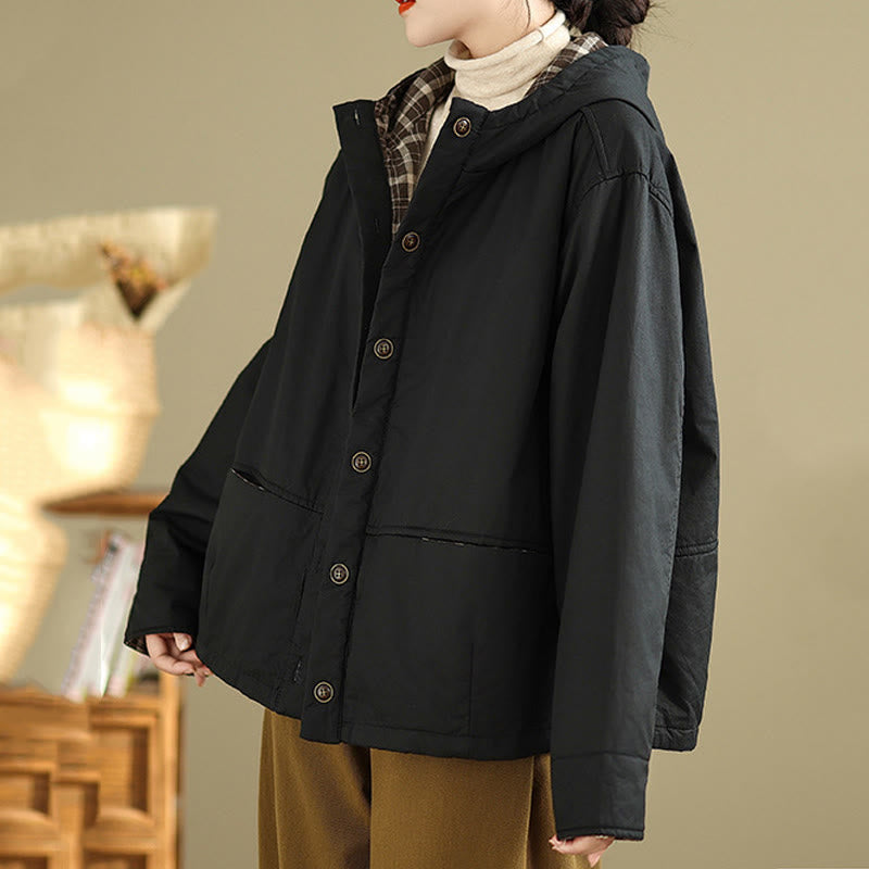 Thickened Cotton-Blend Plaid Hooded Grounding Jacket