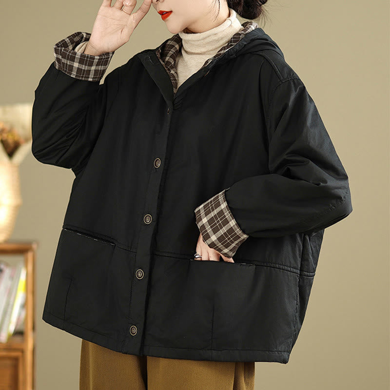 Thickened Cotton-Blend Plaid Hooded Grounding Jacket