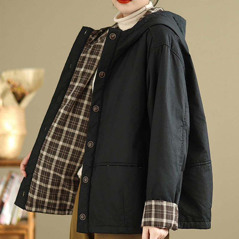 Thickened Cotton-Blend Plaid Hooded Grounding Jacket