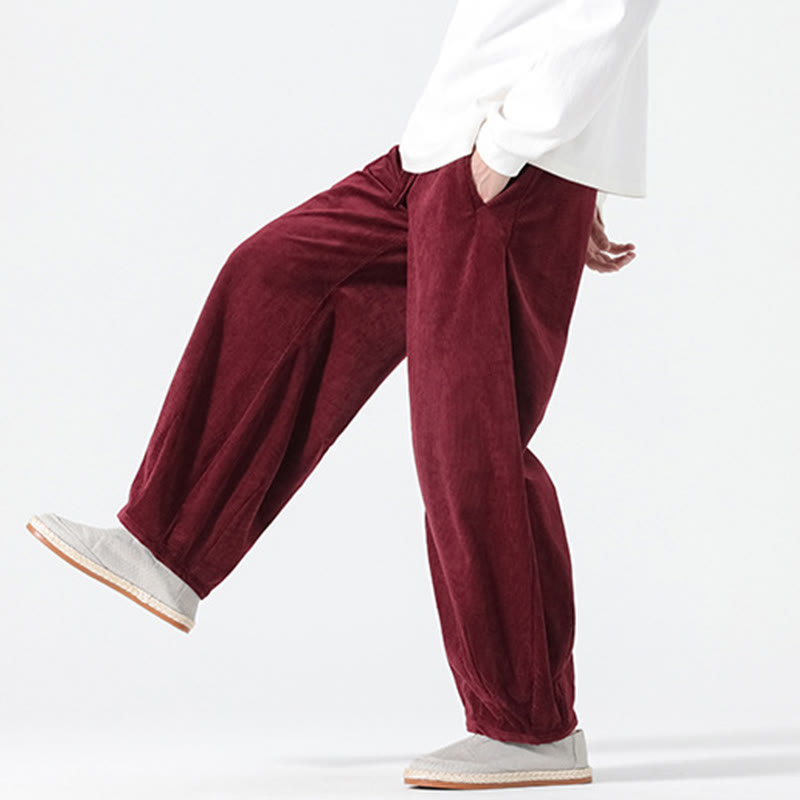 Spring Pure Color Drawstring Design Corduroy Cotton Men's Harem Pants With Pockets