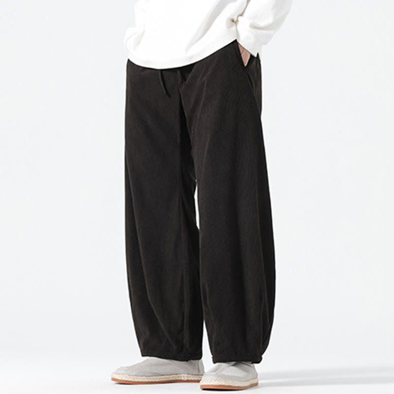 Spring Pure Color Drawstring Design Corduroy Cotton Men's Harem Pants With Pockets