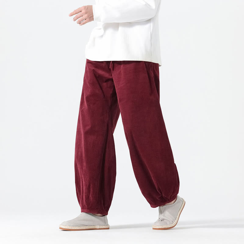 Spring Pure Color Drawstring Design Corduroy Cotton Men's Harem Pants With Pockets