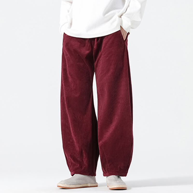 Spring Pure Color Drawstring Design Corduroy Cotton Men's Harem Pants With Pockets