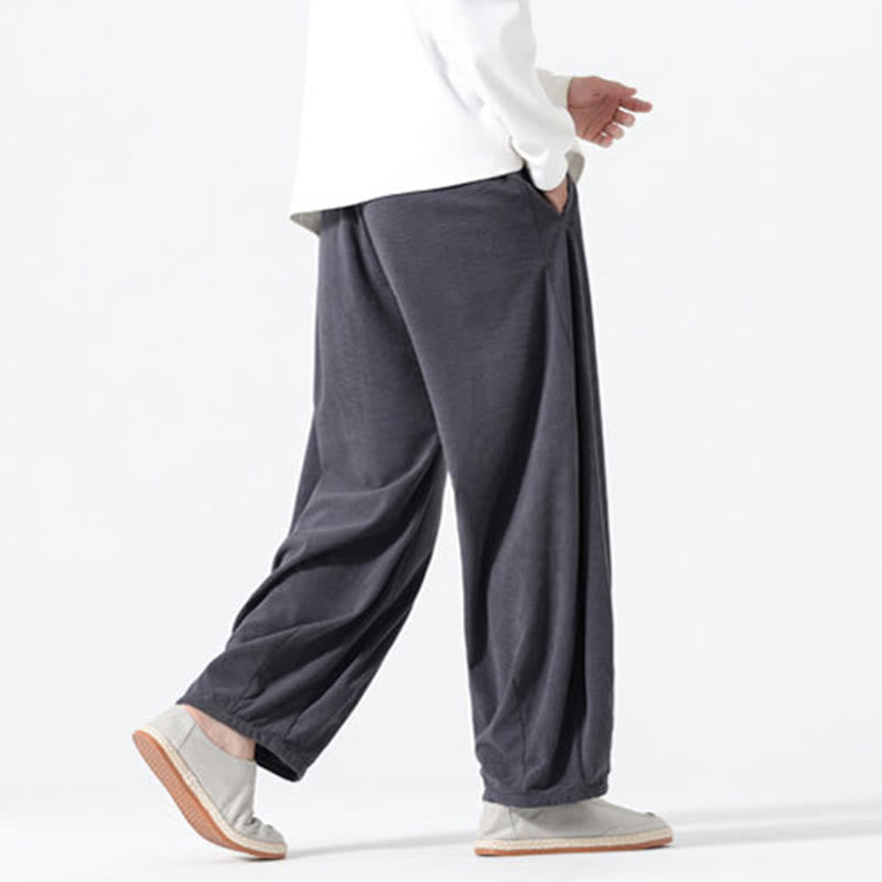Spring Pure Color Drawstring Design Corduroy Cotton Men's Harem Pants With Pockets