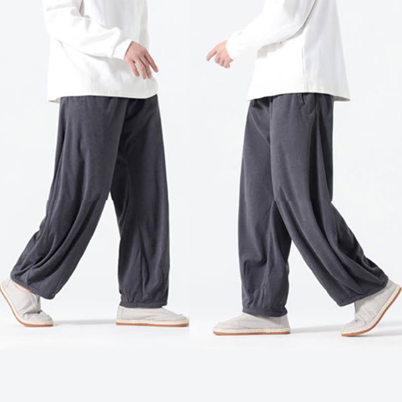 Spring Pure Color Drawstring Design Corduroy Cotton Men's Harem Pants With Pockets