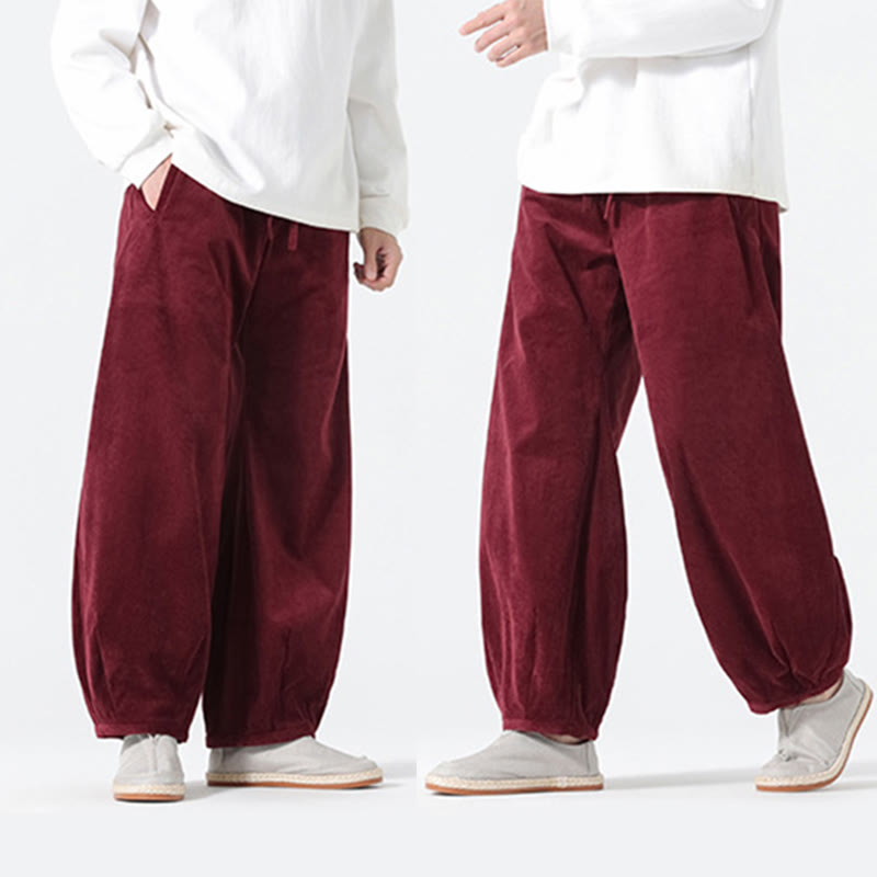 Spring Pure Color Drawstring Design Corduroy Cotton Men's Harem Pants With Pockets