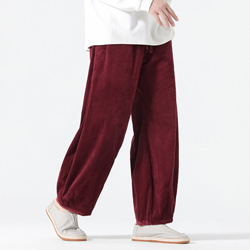 Spring Pure Color Drawstring Design Corduroy Cotton Men's Harem Pants With Pockets