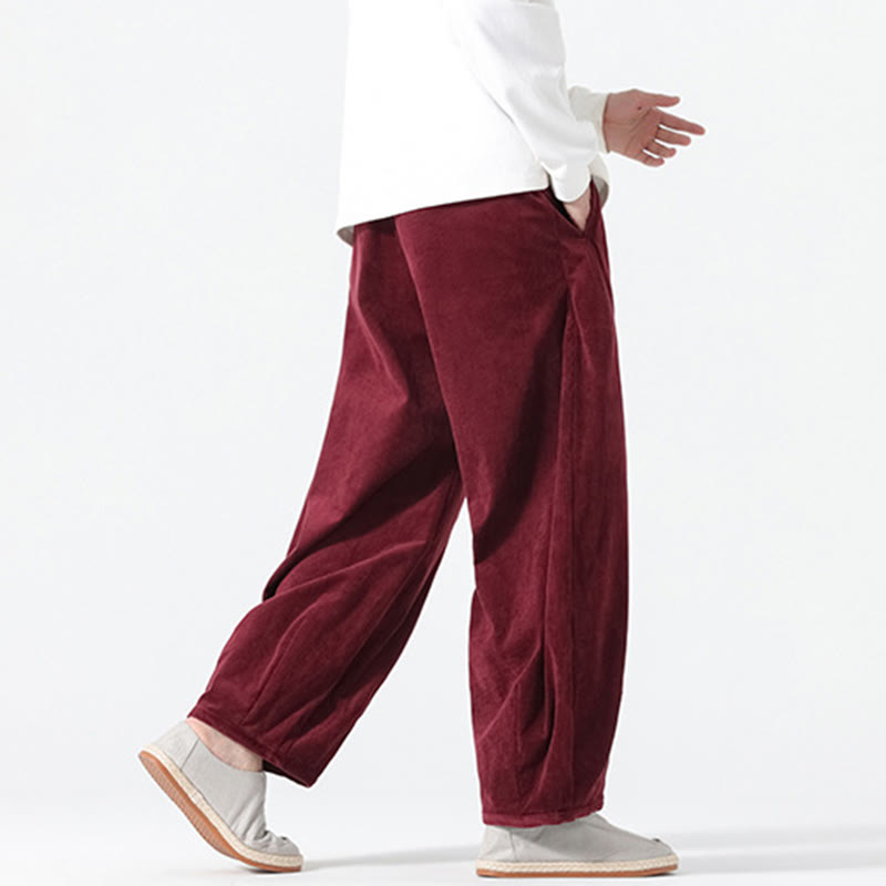 Spring Pure Color Drawstring Design Corduroy Cotton Men's Harem Pants With Pockets