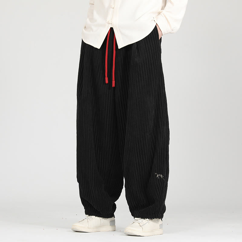 Color Contrast Drawstring Design Cotton Men's Harem Corduroy Pants With Pockets