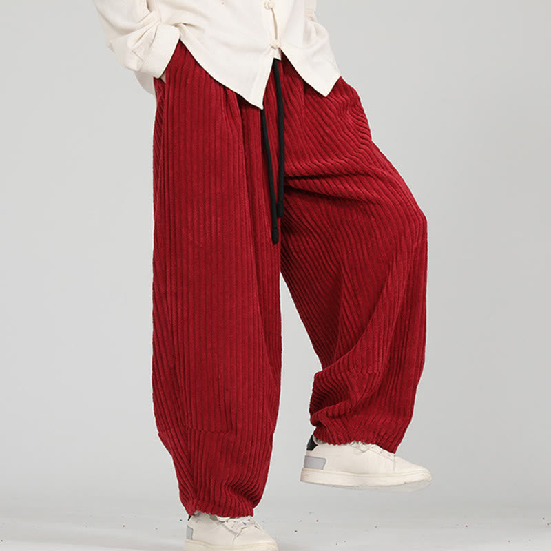 Color Contrast Drawstring Design Cotton Men's Harem Corduroy Pants With Pockets