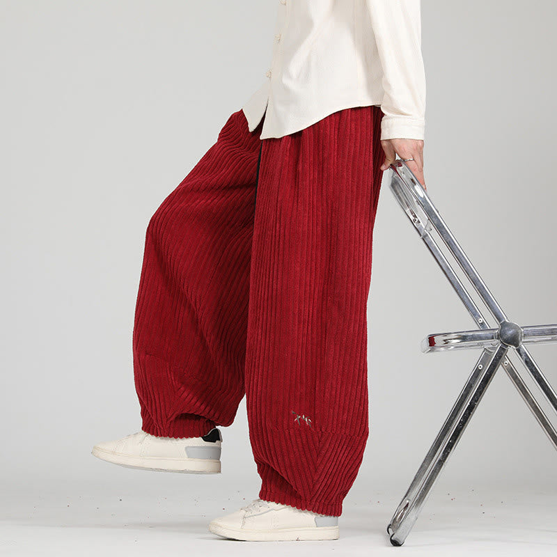 Color Contrast Drawstring Design Cotton Men's Harem Corduroy Pants With Pockets