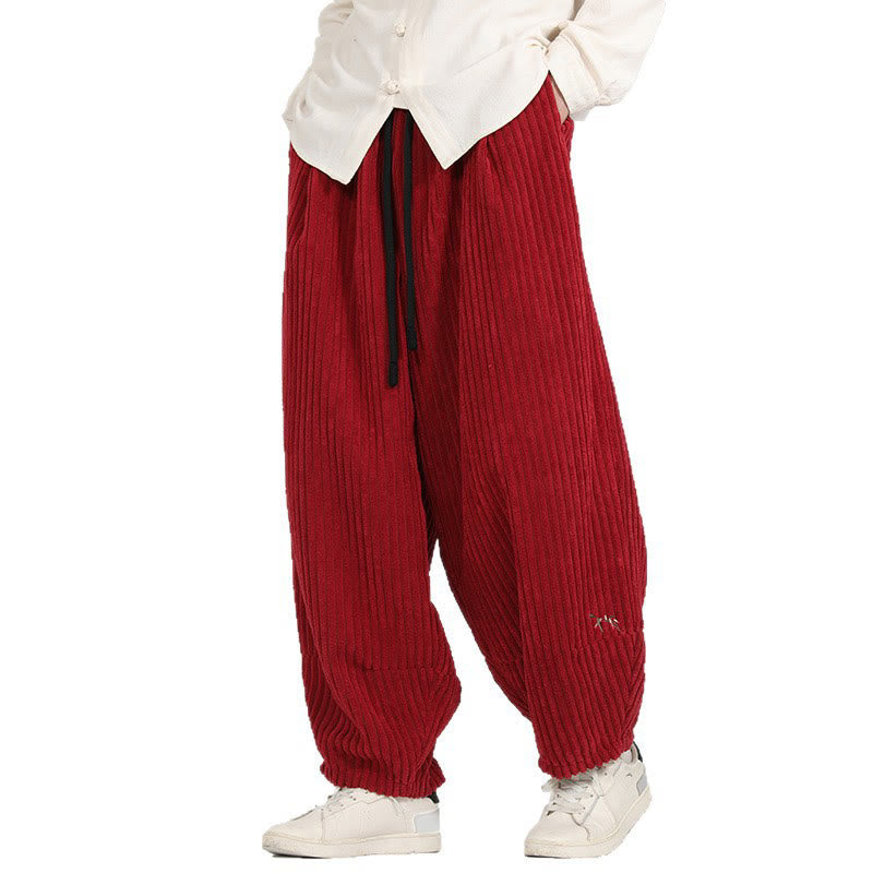 Color Contrast Drawstring Design Cotton Men's Harem Corduroy Pants With Pockets
