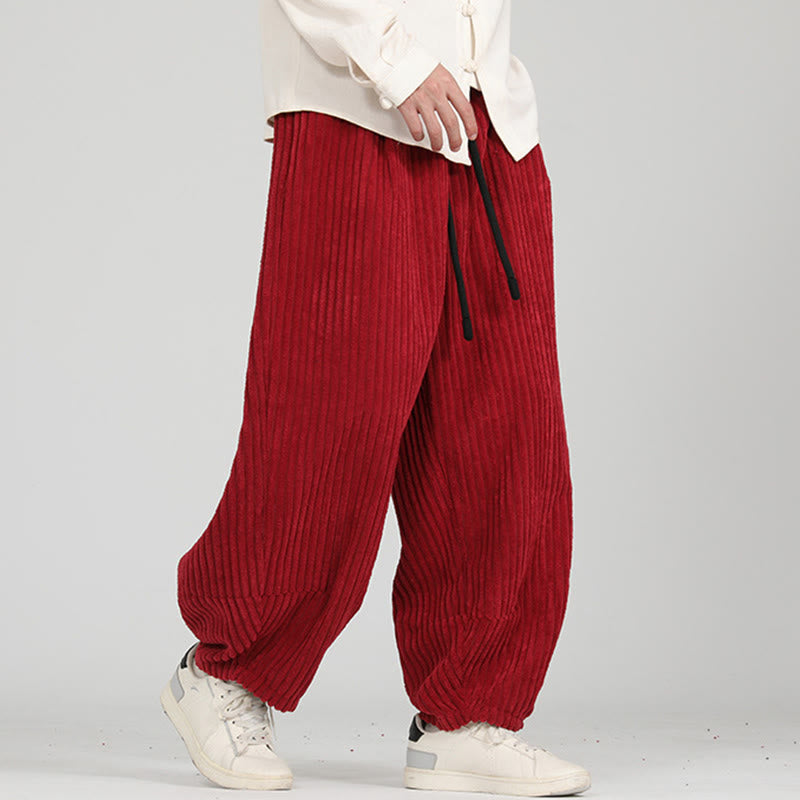 Color Contrast Drawstring Design Cotton Men's Harem Corduroy Pants With Pockets