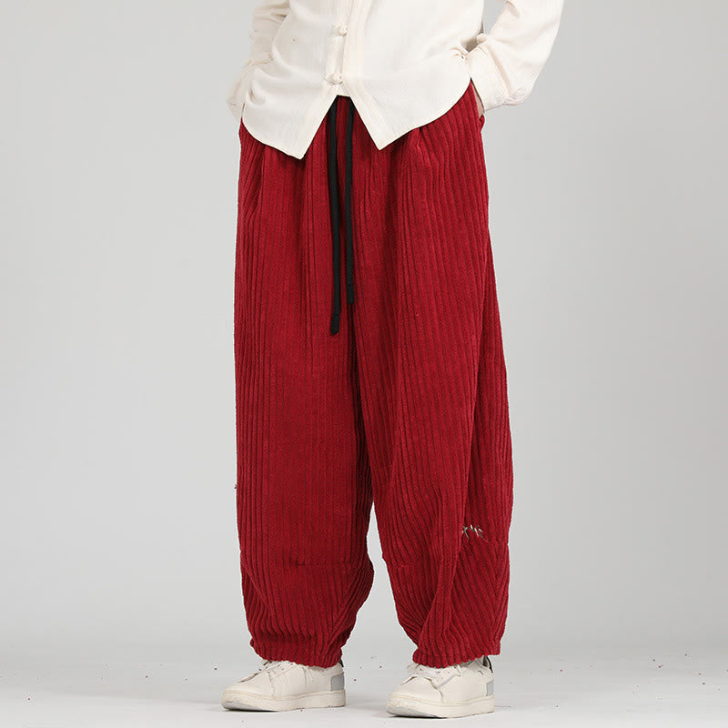 Color Contrast Drawstring Design Cotton Men's Harem Corduroy Pants With Pockets