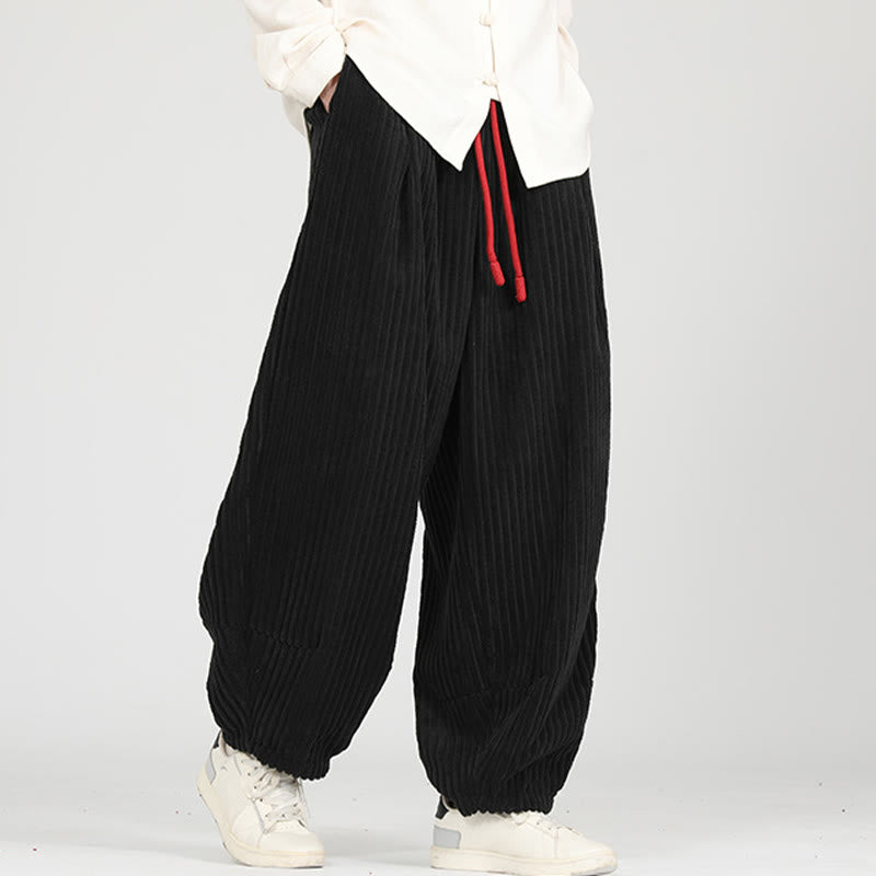 Color Contrast Drawstring Design Cotton Men's Harem Corduroy Pants With Pockets