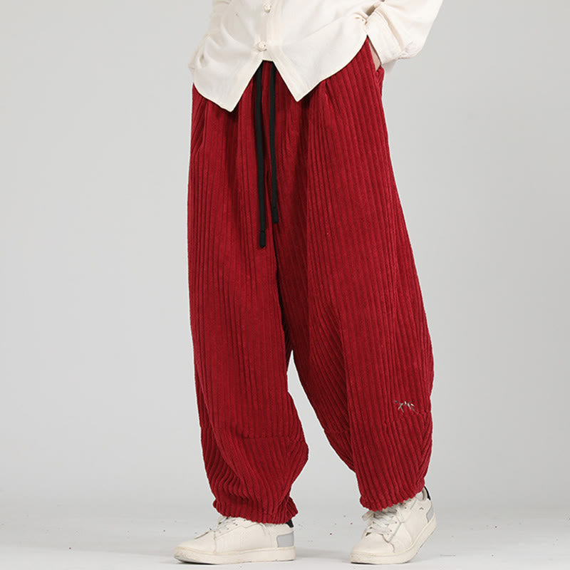 Color Contrast Drawstring Design Cotton Men's Harem Corduroy Pants With Pockets