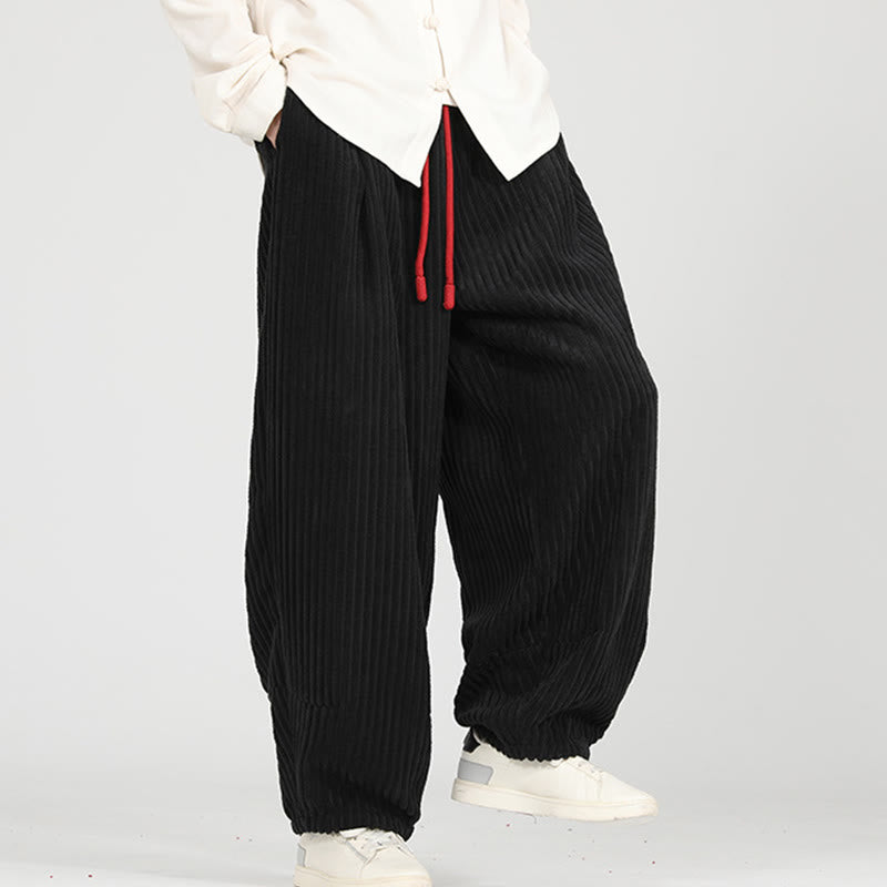 Color Contrast Drawstring Design Cotton Men's Harem Corduroy Pants With Pockets