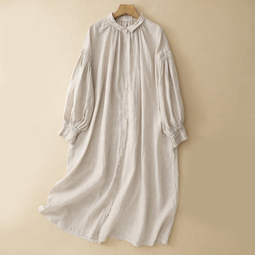 Breathable Cotton Lapel Midi Dress with Functional Pockets
