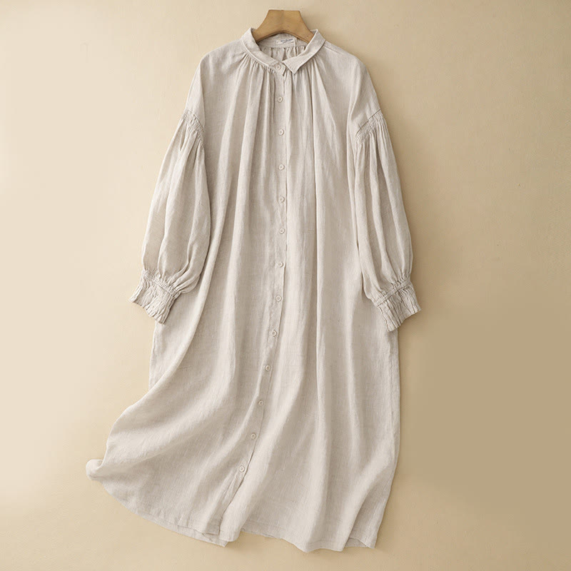 Breathable Cotton Lapel Midi Dress with Functional Pockets